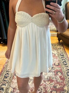show me your mumu valentina white pearl beaded seashell mini halter dress medium
